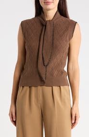 Adrianna Papell Tie Neck Sweater Vest with Whipstitch Detail