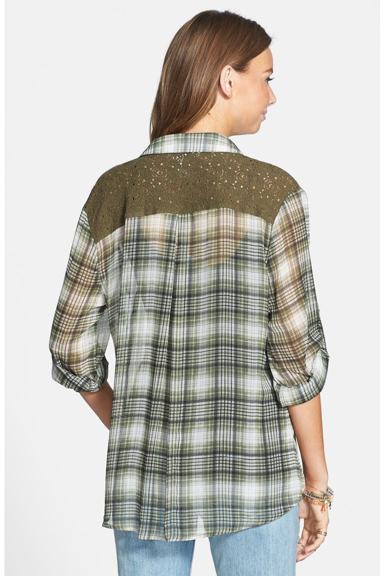 Plaid Crochet Back Yoke Chiffon Shirt, Alternate, color, IVORY/ GREEN