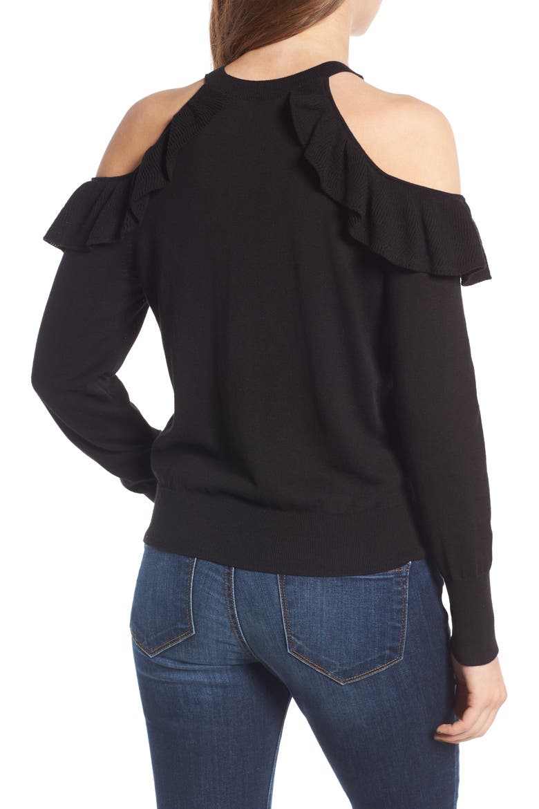 Ruffle Cold Shoulder Pullover, Alternate, color, BLACK