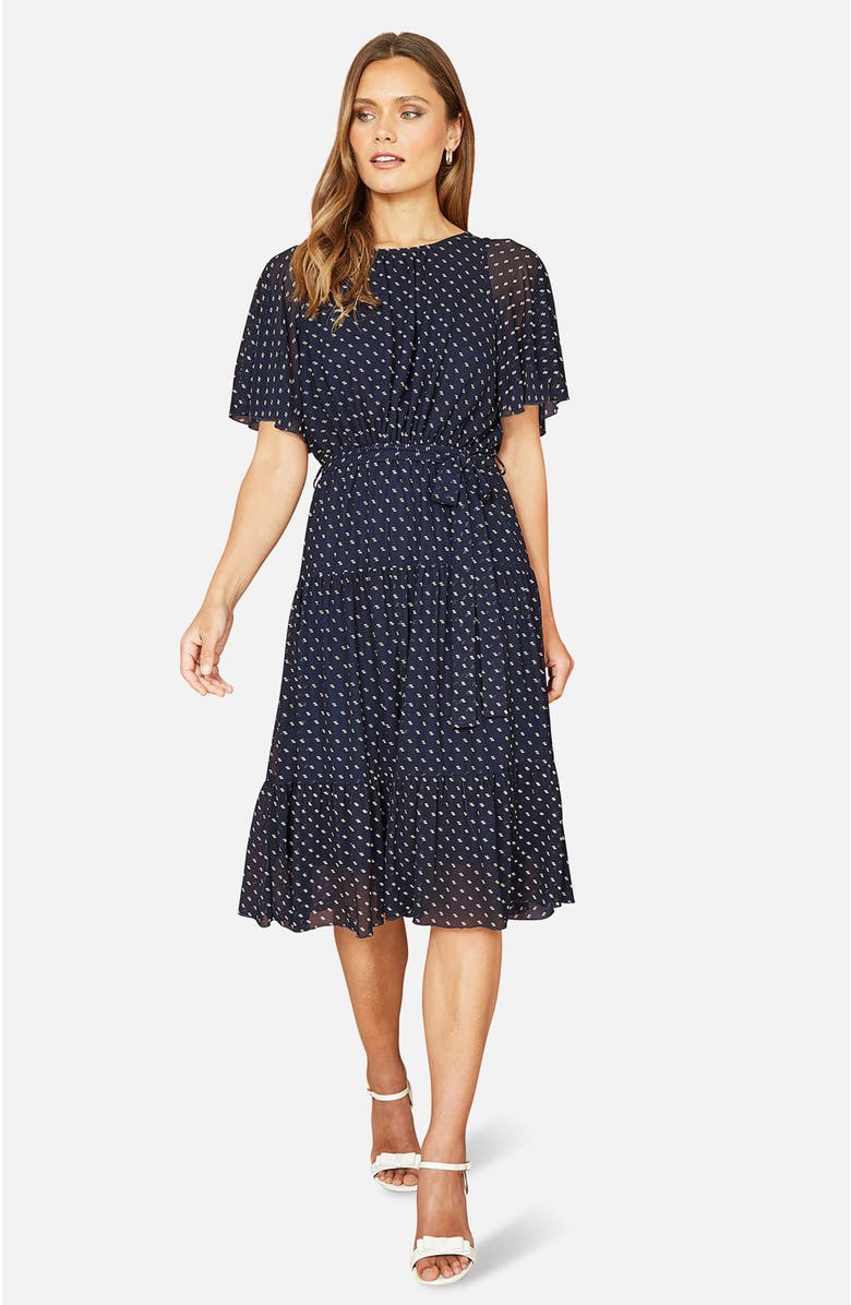 Yumi Dot Print Mesh Stretch Midi Dress, Main, color, Navy