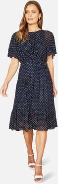 Yumi Dot Print Mesh Stretch Midi Dress