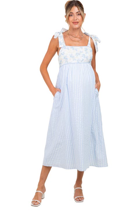 Floral Contrast Stripe Shoulder Tie Midi Dress
