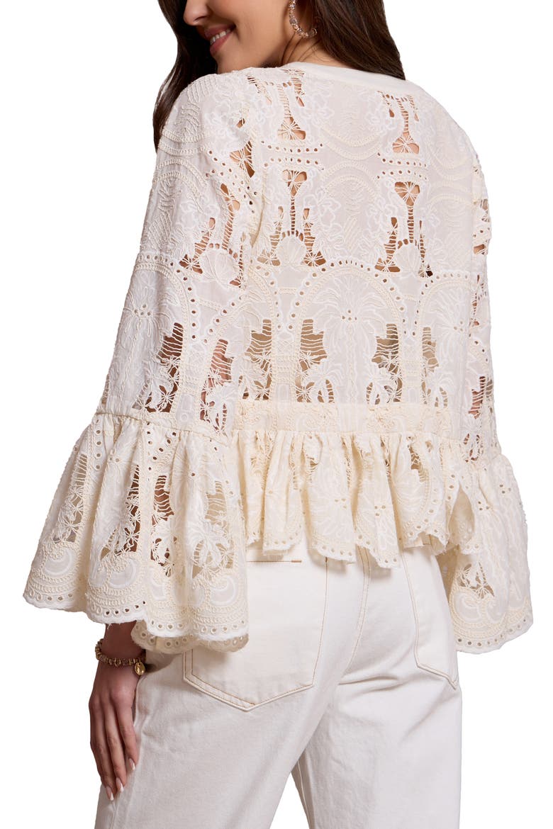 Embroidered Eyelet Tie Front Ruffle Top, Alternate, color, IVORY