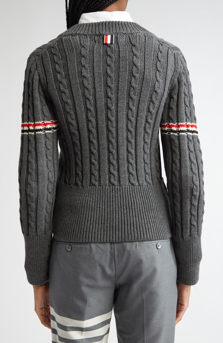 Thom Browne Cable Knit Virgin Wool V-Neck Sweater, Alternate, color, Medium Grey