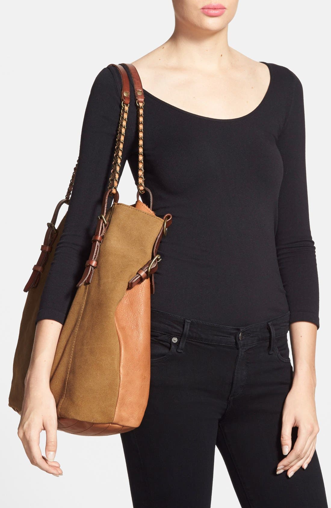 'Fabala' Suede & Leather Tote, Alternate, color, SPICE