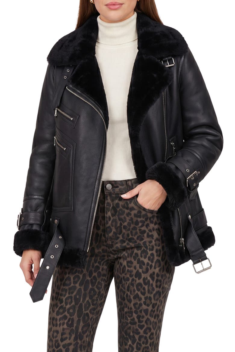 Genuine Shearling  Moto Zip Jacket, Alternate, color, BLACK