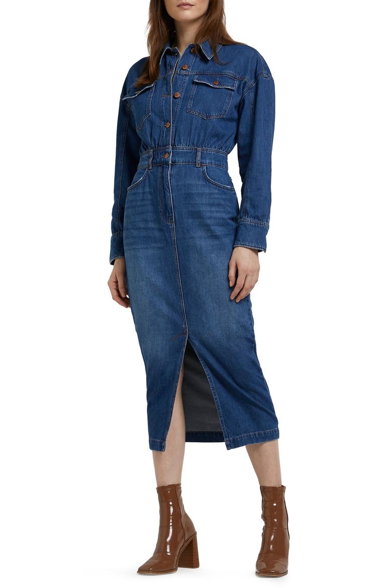 Long Sleeve Denim Midi Dress, Main, color, MEDIUM DENIM