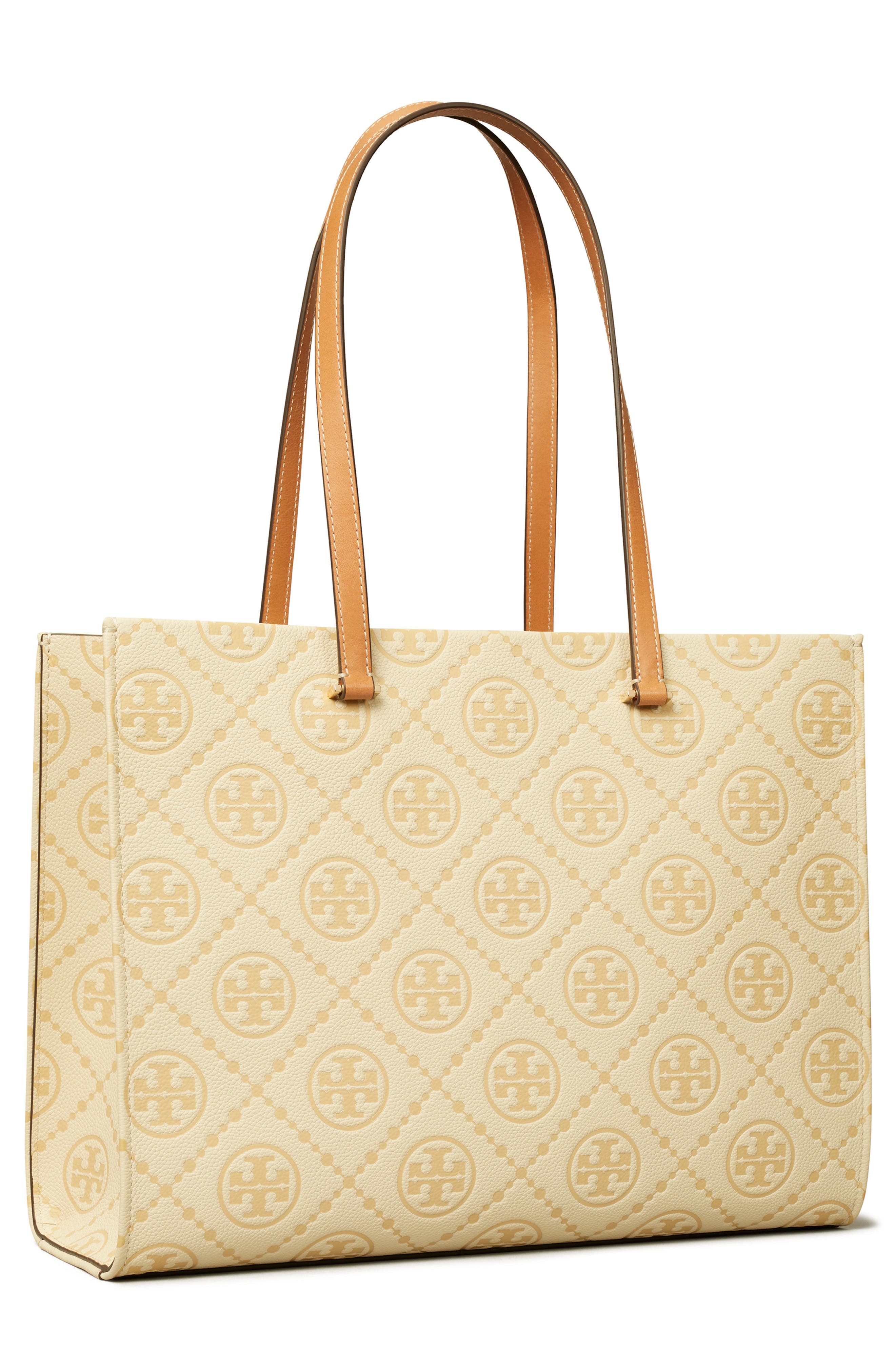 Tory Burch T Monogram Debossed Pebble Leather Tote, Alternate, color, Biscotti