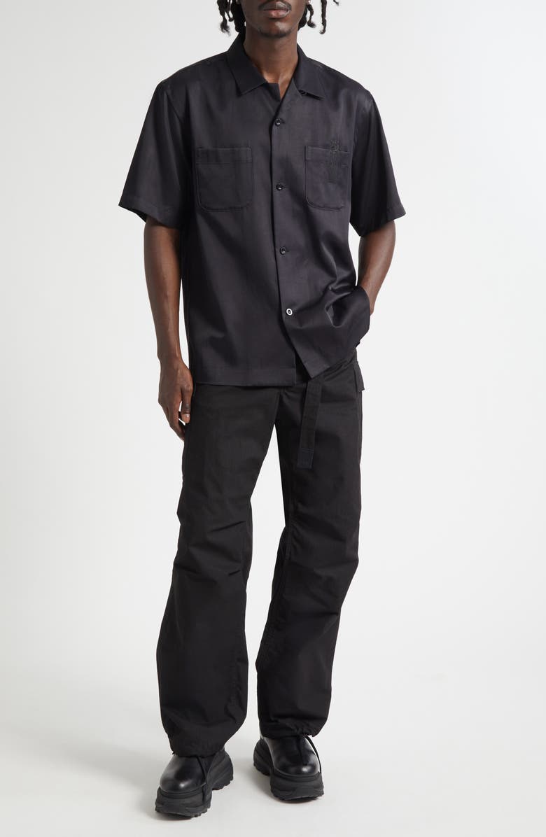 Sacai Where the Wild Things Are Embroidered Satin Camp Shirt, Alternate, color, Black