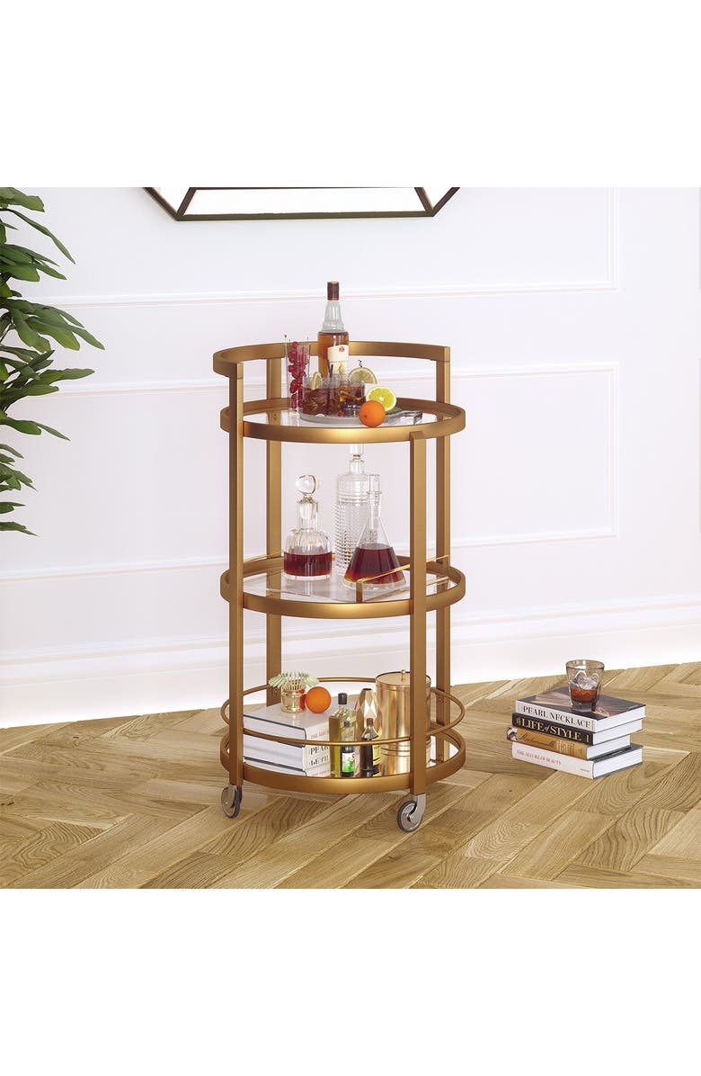 ADDISON AND LANE Hause Round Brass Finish Bar Cart with Mirrored Shelf, Alternate, color,