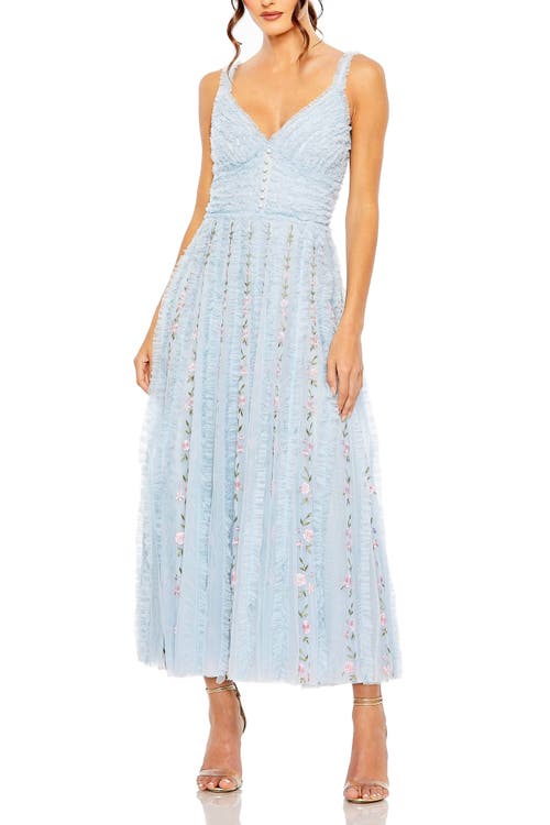 Mac Duggal Ruffle Floral Embroidered Detail Tea Length Midi Dress In Blue Multi