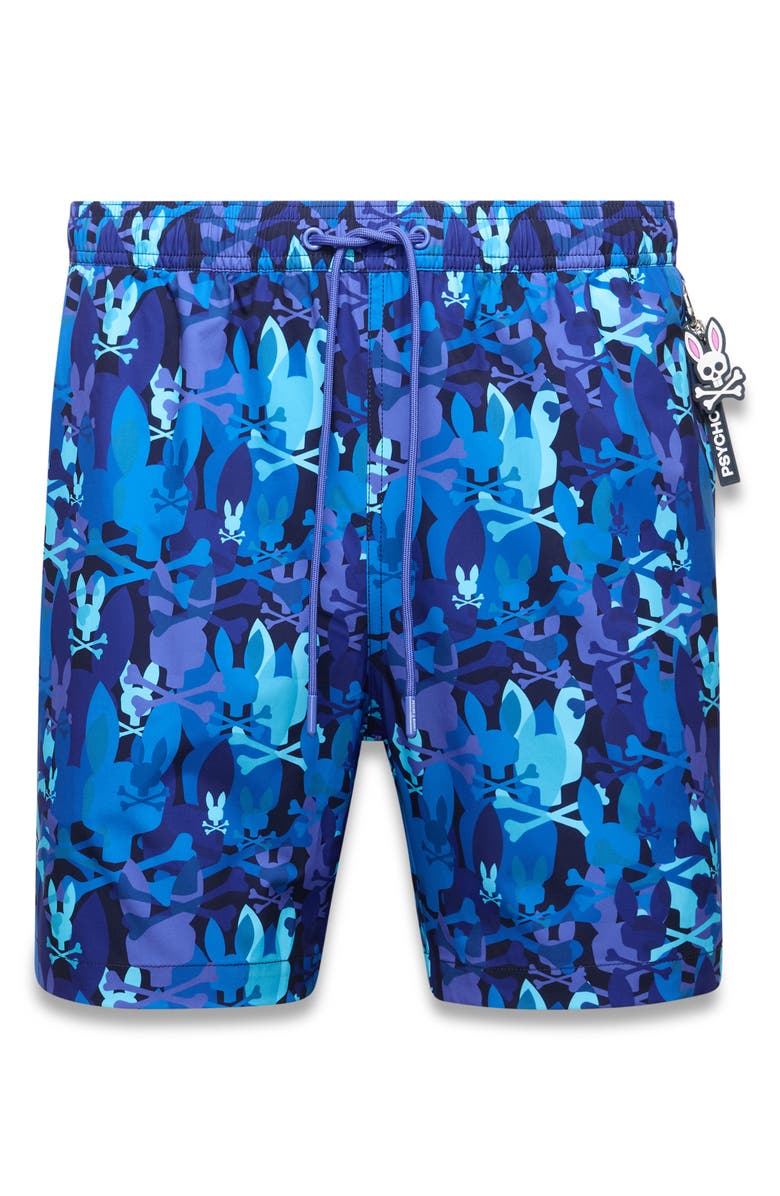 Psycho Bunny Tanner Camo Bunny Print 6-Inch Swim Trunks, Alternate, color, Multi Blue