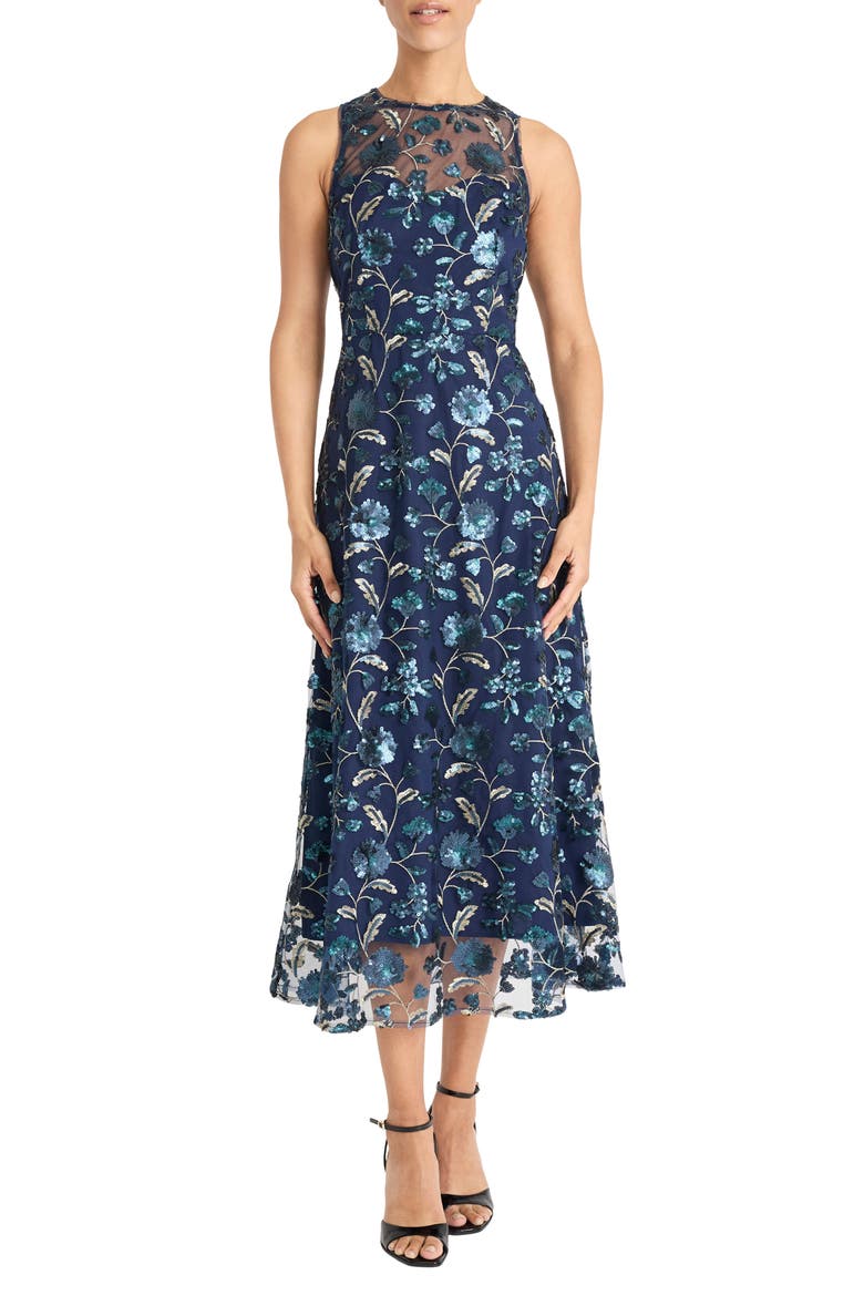 Sequin & Bead Illusion Sleeveless Midi Dress, Main, color, NAVY/ SILVER