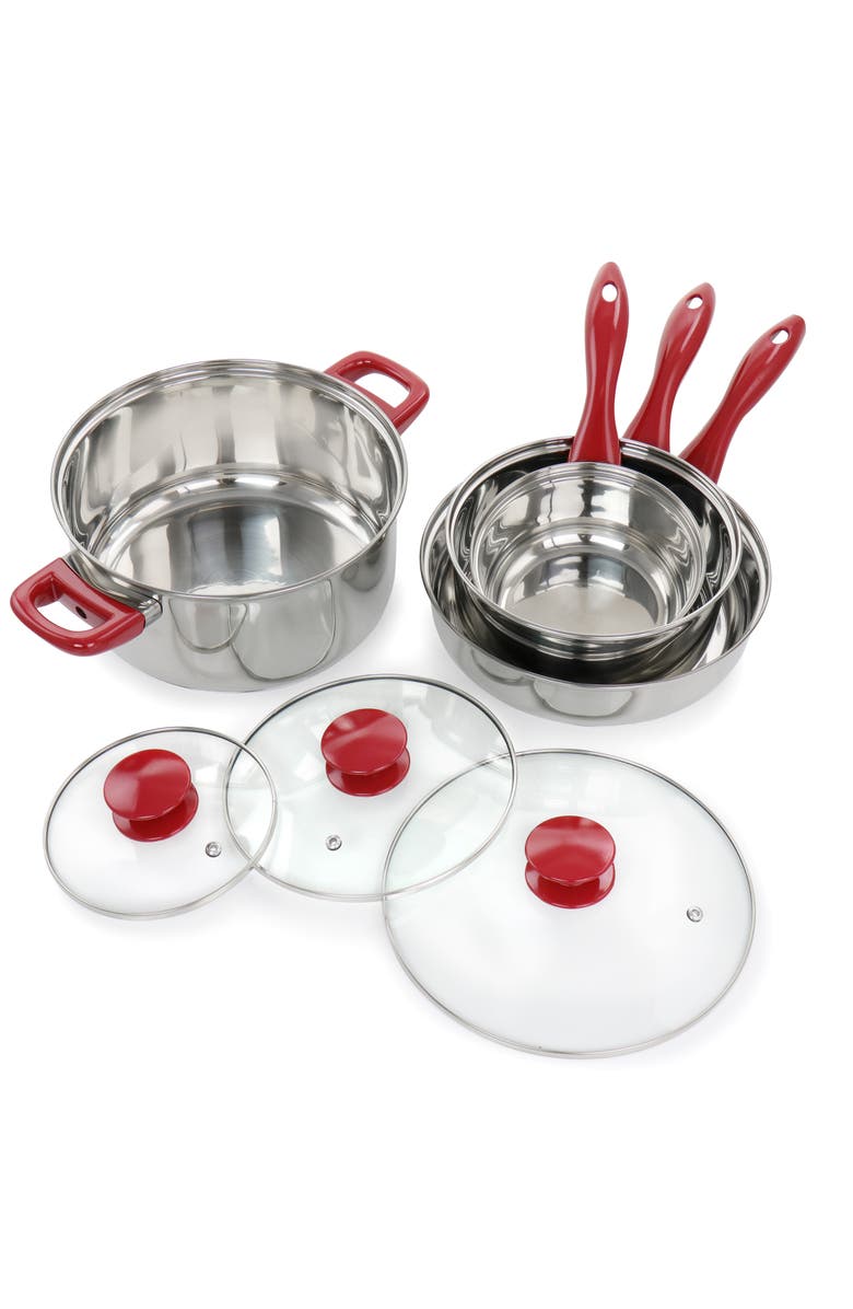 Gibson Home Crawson 7 Piece Stainless Steel Cookware Set in Chrome with Handles, Alternate, color, Red