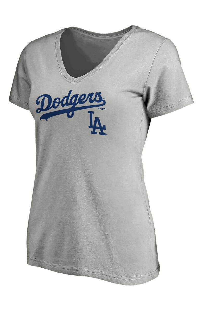 FANATICS Women's Fanatics Branded Heathered Gray Los Angeles Dodgers Team Logo Lockup V-Neck T-Shirt, Main, color, 