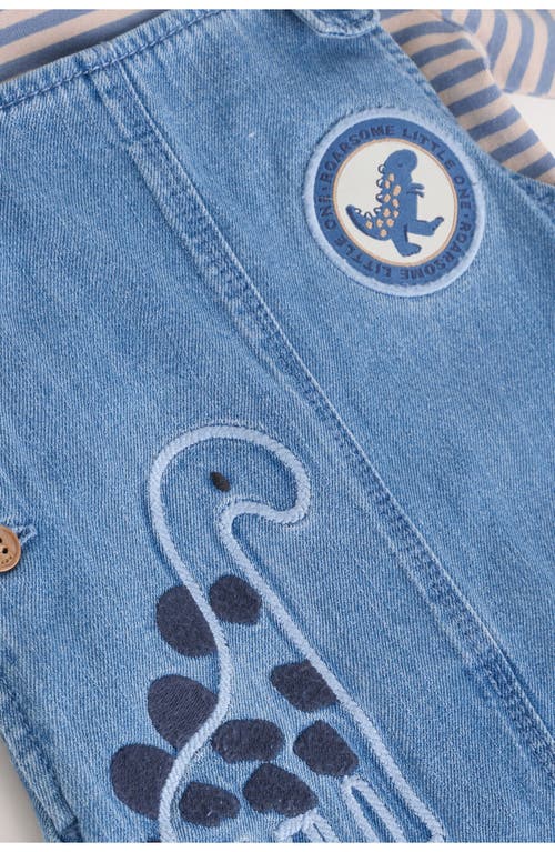 Next Dinosaur Denim Overalls & Stripe Top Set In Blue