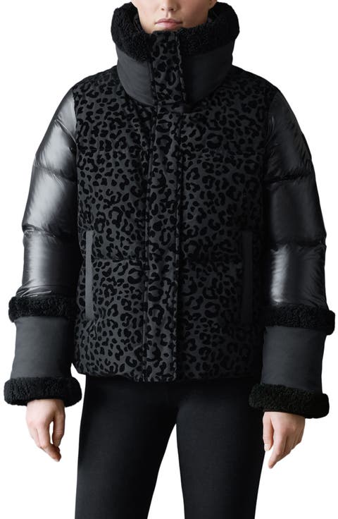 Lydana Leopard Pattern Down Jacket with Genuine Shearling Trim and Removable Bib