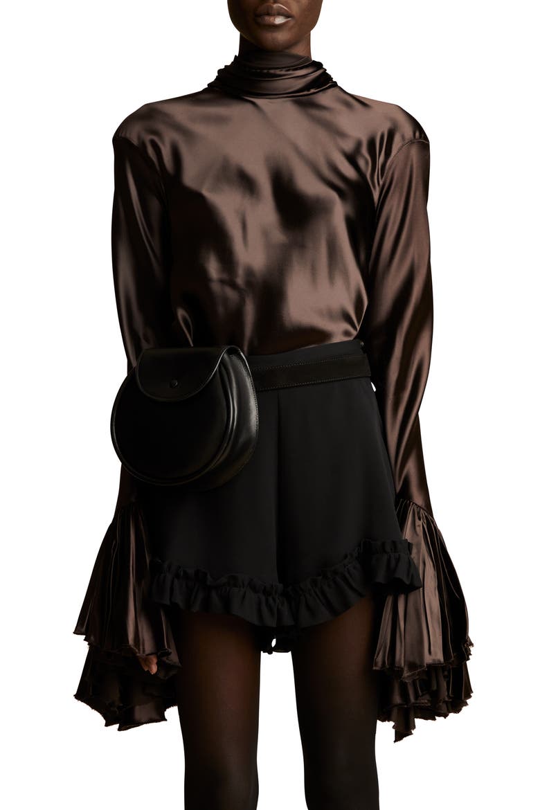 Amelia Ruffle Cuff Charmeuse Blouse, Alternate, color, DARK BROWN