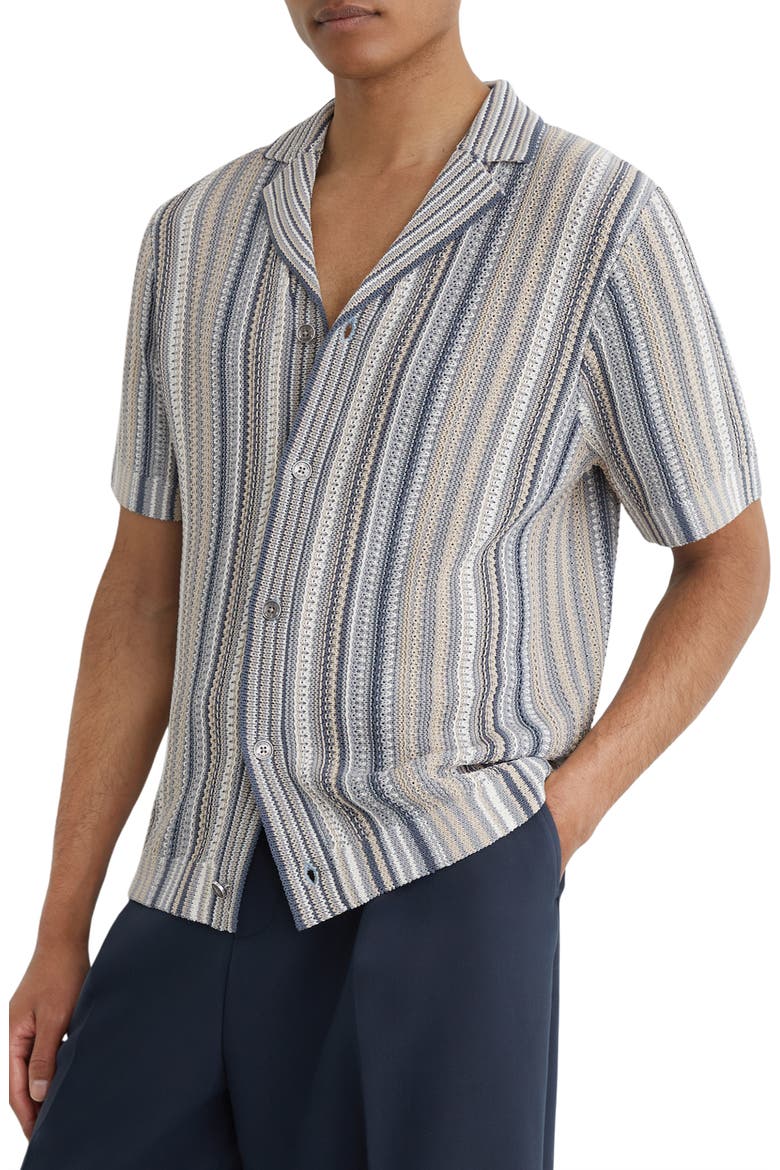 Caden Striped Button-Up Camp Shirt, Main, color, BLUE/ CAMEL