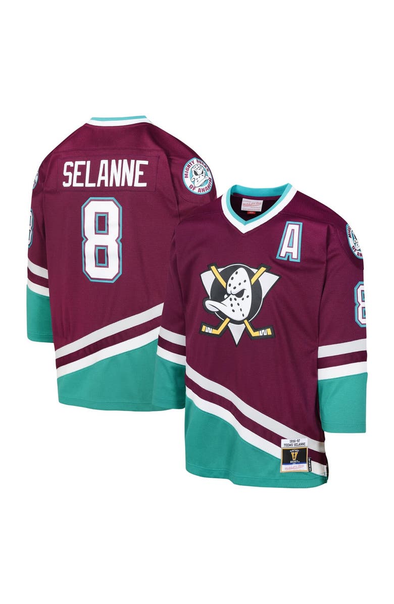 Mitchell & Ness Youth Mitchell & Ness Teemu Selanne Maroon Anaheim Ducks 1996 Blue Line Player Jersey, Main, color, 
