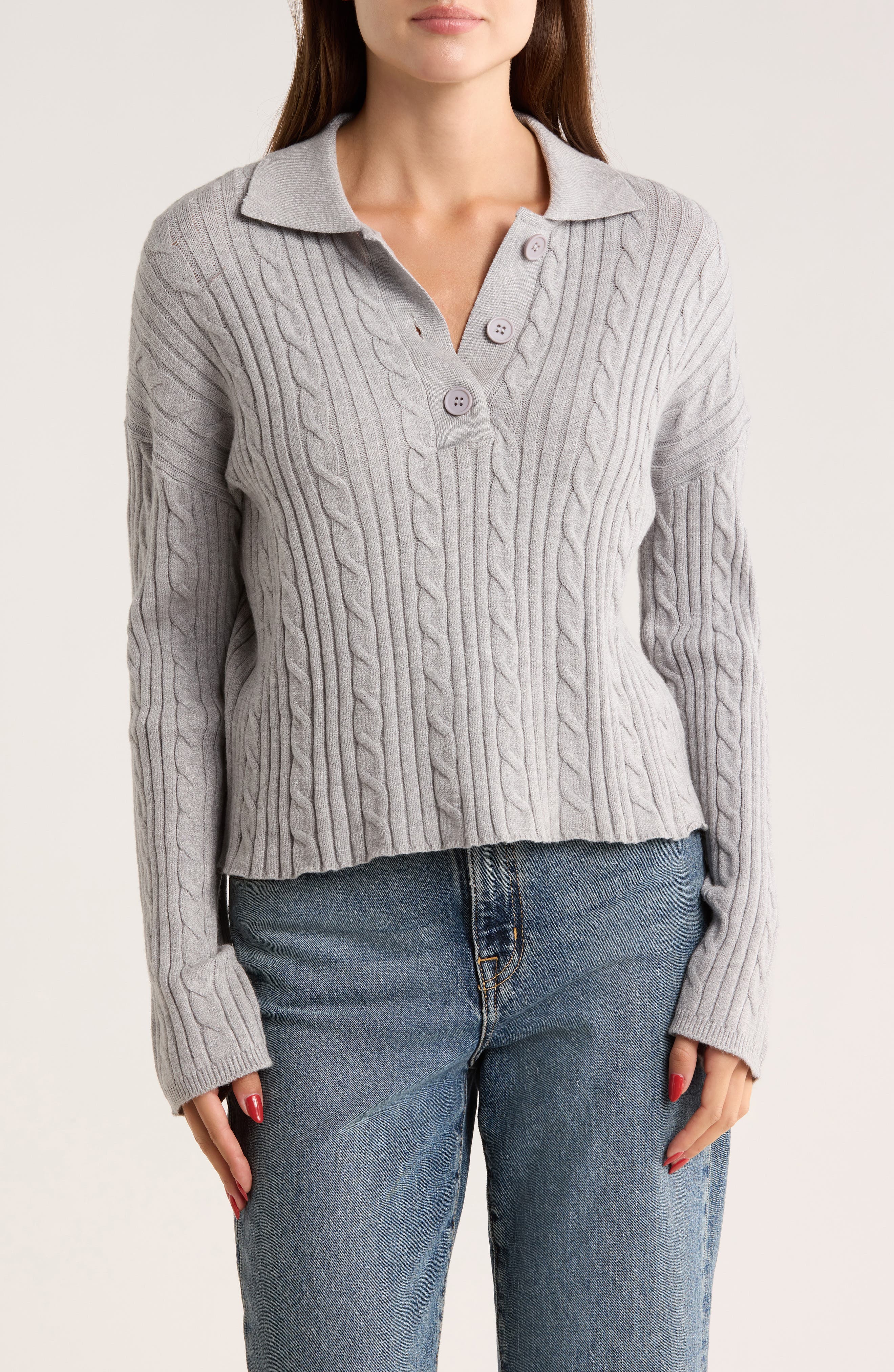 INTERNATIONAL DESIGNER Cable Knit Crop Polo Sweater