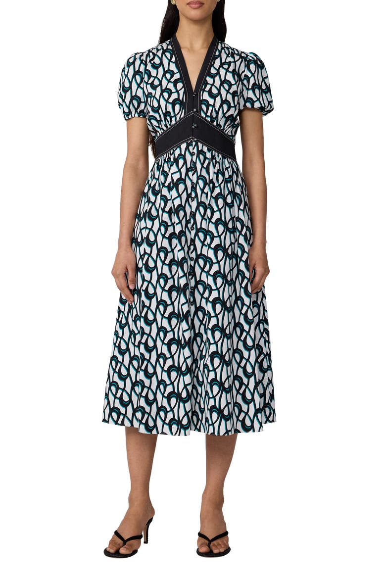 Erica Puff Sleeve Stretch Cotton Midi Dress, Main, color, LOOPS MID WHITE