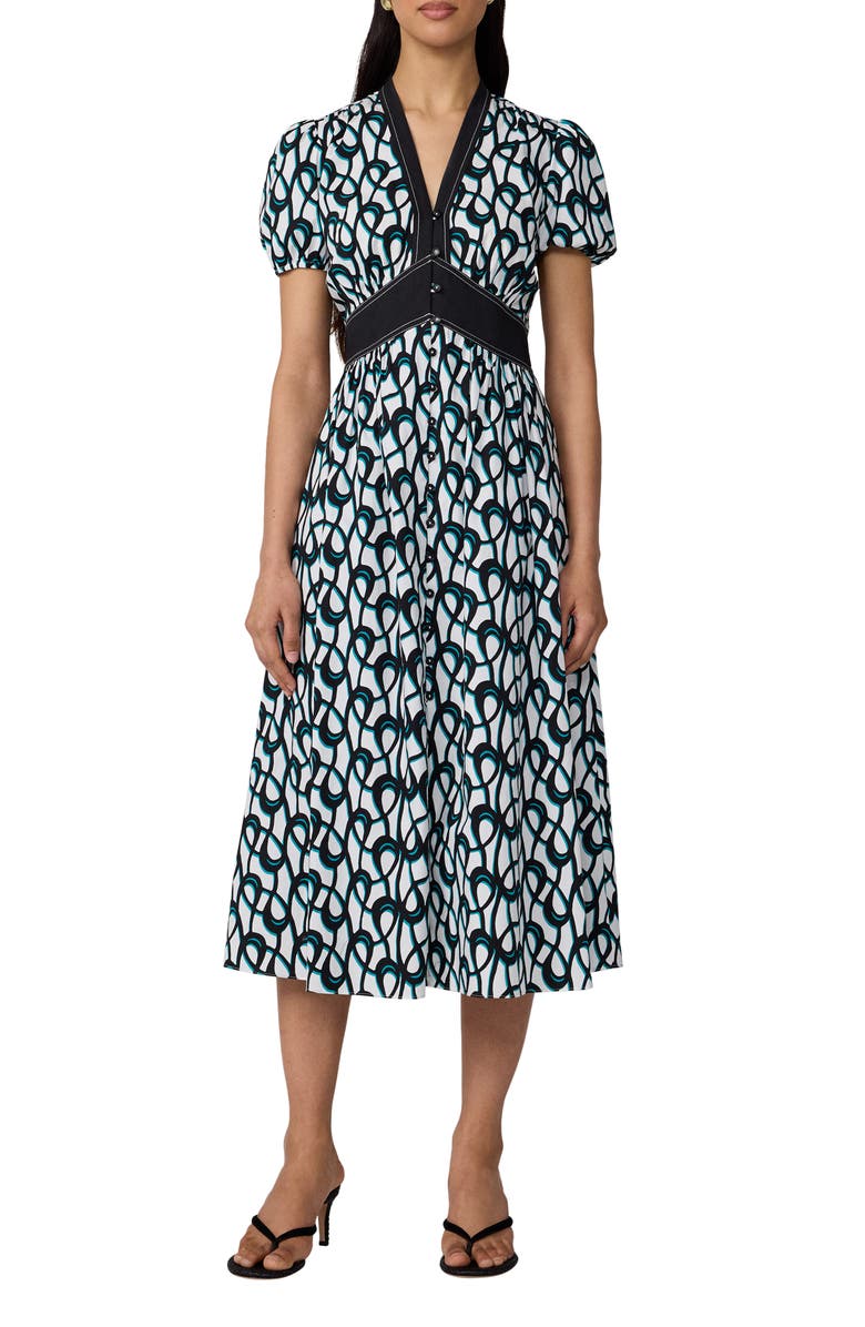 Diane von Furstenberg Erica Puff Sleeve Stretch Cotton Midi Dress, Main, color, Loops Mid White