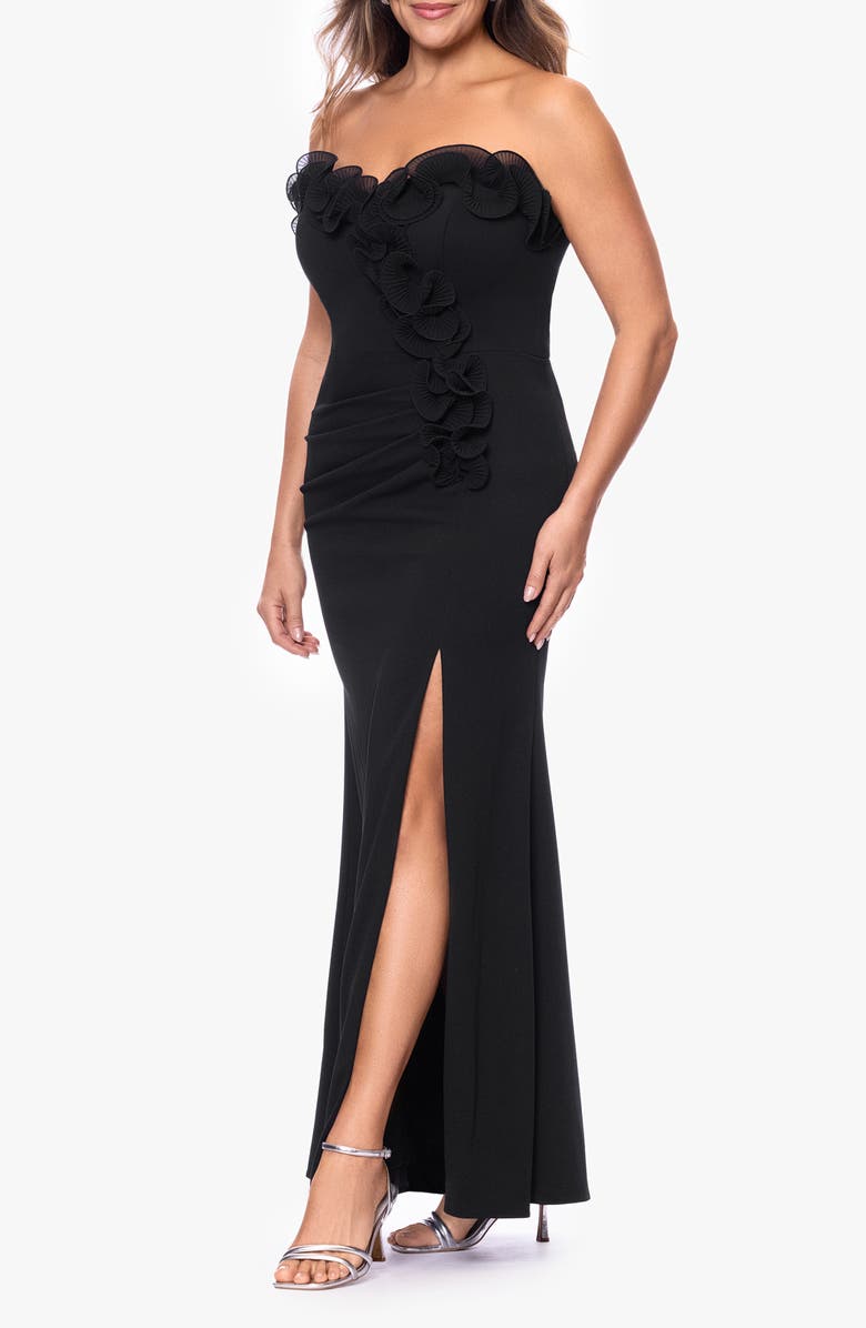 Xscape Evenings Pleat Ruffle Strapless Scuba Gown, Alternate, color, 