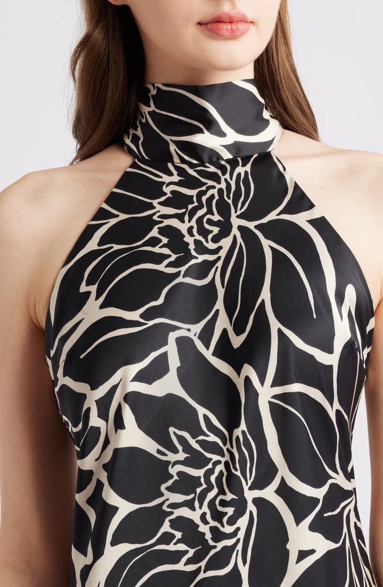 CeCe Floral Mock Neck Stretch Satin Dress, Alternate, color, Rich Black