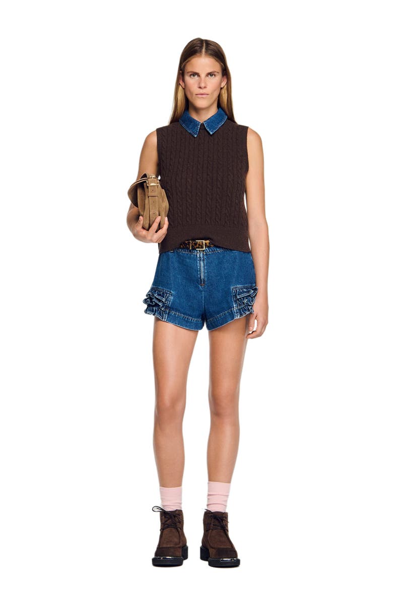 SANDRO Knit sweater with removable denim collar, Alternate, color, Brown