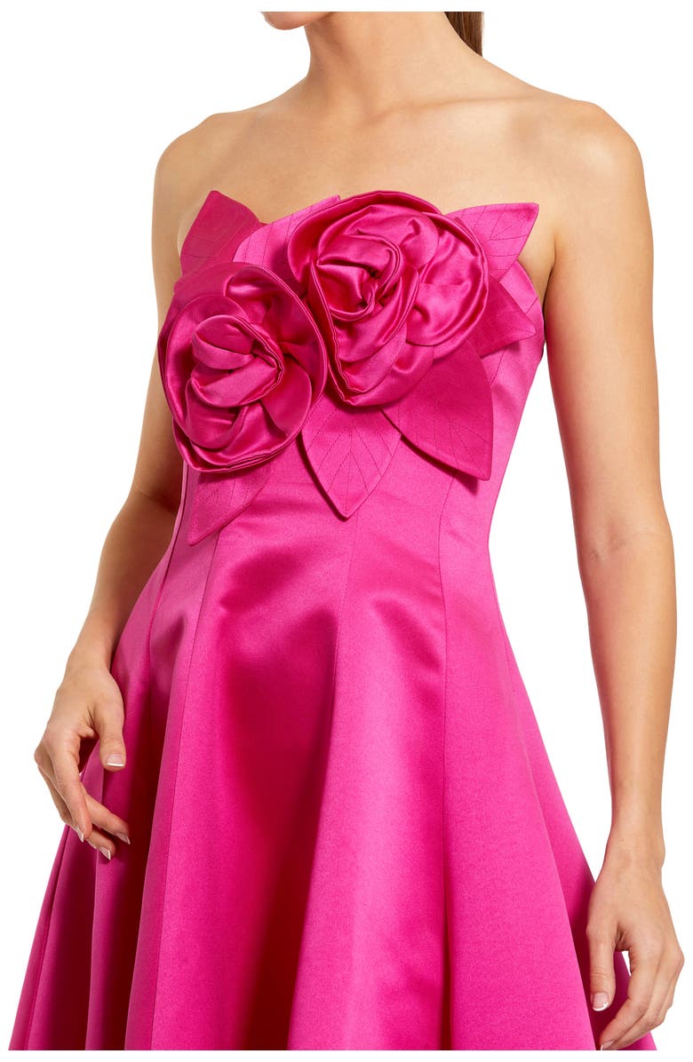 Mac Duggal Strapless Satin High Low Gown With 3D Flowers, Alternate, color, Hot Pink