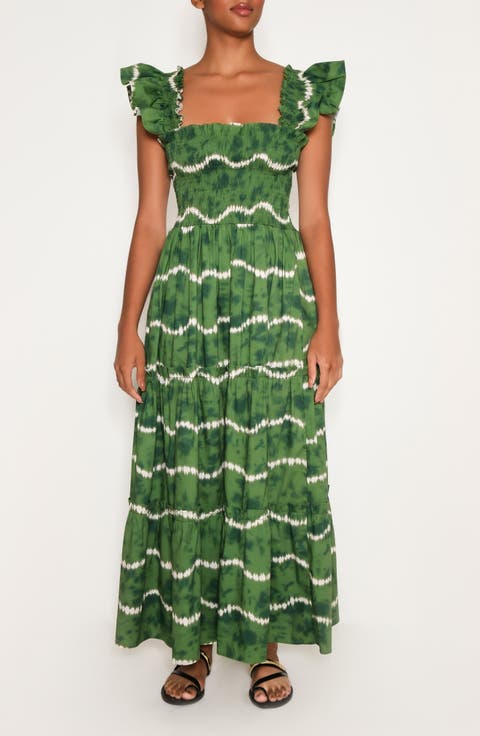 Sunset Print Smocked Stretch Cotton Maxi Dress