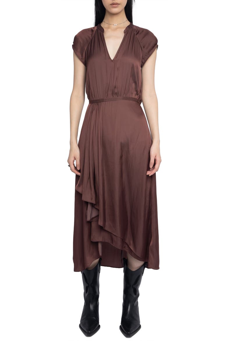 Randall Ruffle Satin Dress, Main, color, BURGUNDY