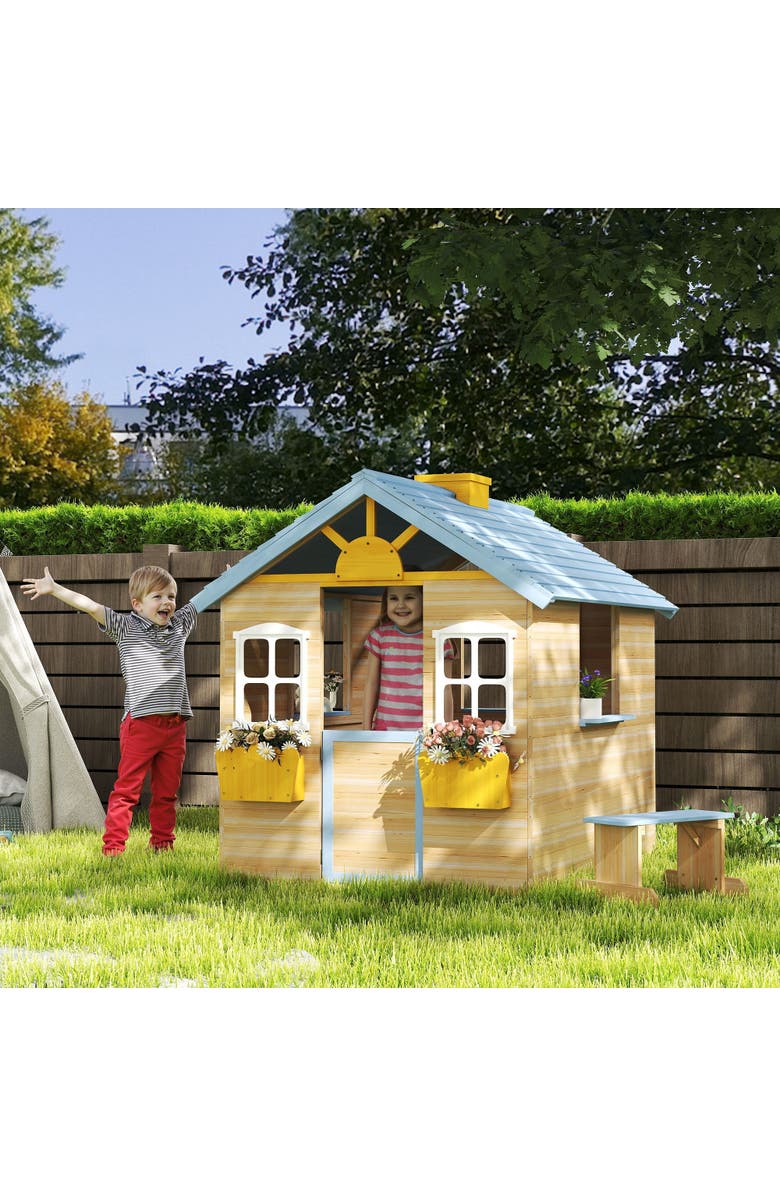 Outsunny Wooden Playhouse with Working Door, Windows, Bench, Service Station, Flower Pot Holder, Alternate, color, 