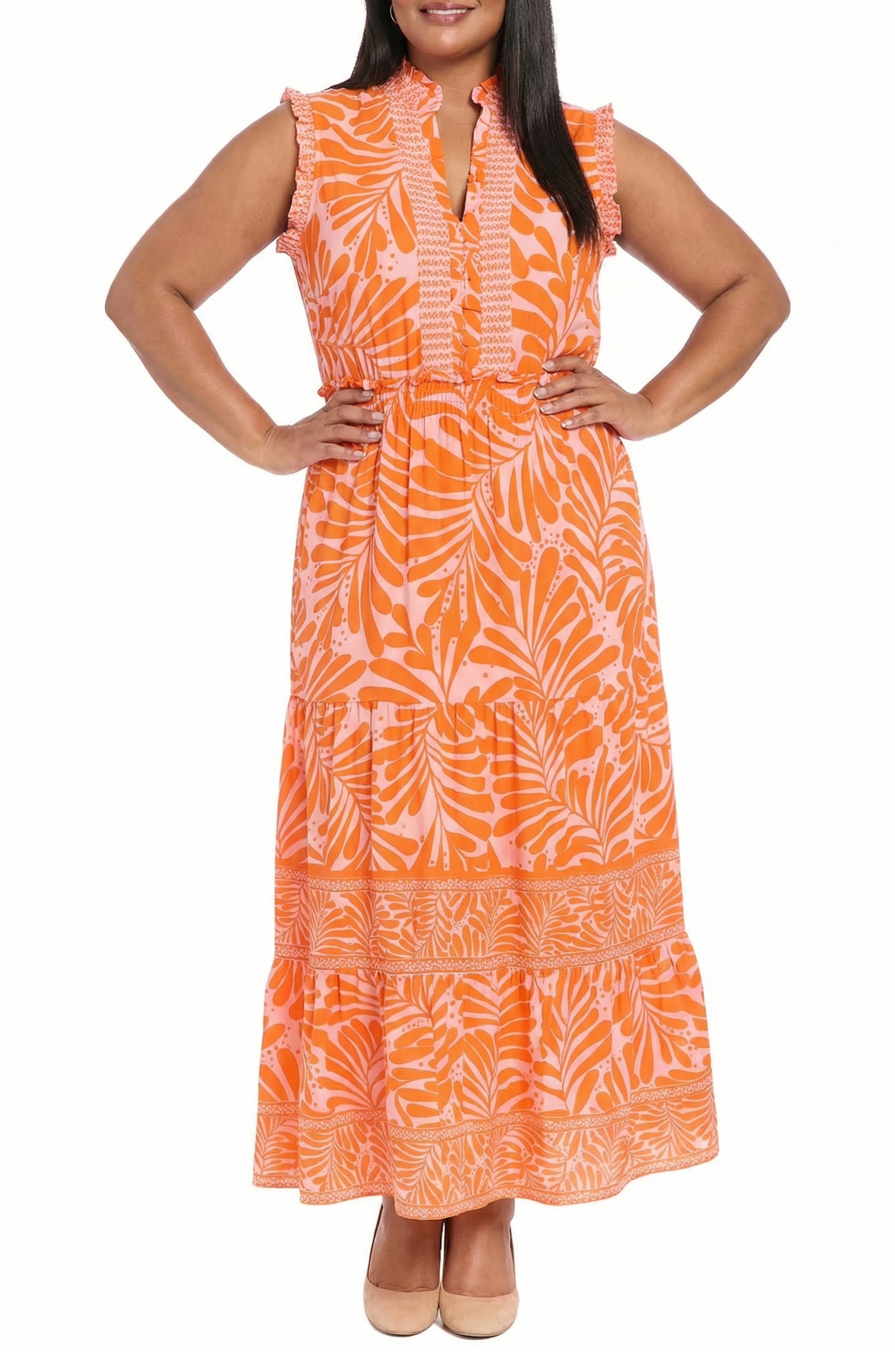London Times Ruffle Sleeveless Tiered Maxi Dress