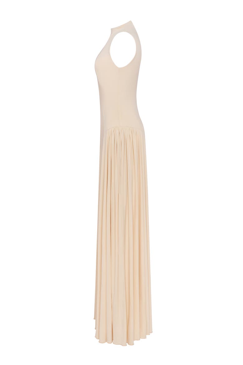 Sleeveless mock neck dress with a pleated maxi skirt, Alternate, color, Nude