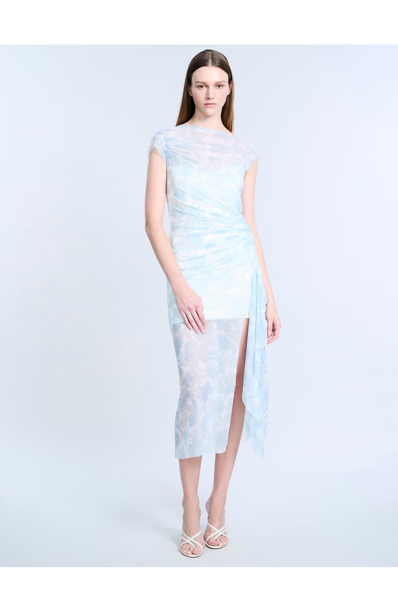 BCBGMAXAZRIA Mesh Sequin Midi Dress, Alternate, color, Sky Floral Print