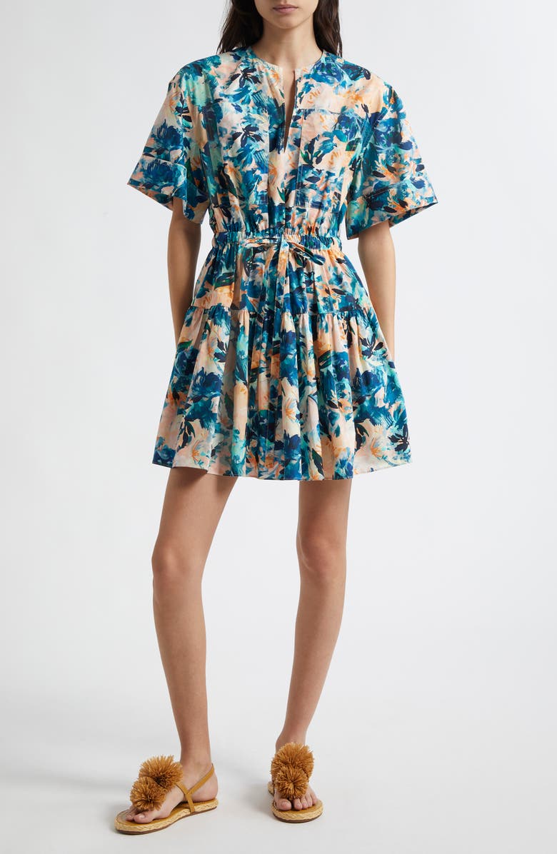 Ulla Johnson Nadira Floral Print Tie Waist Tiered Minidress, Main, color, Delphinium