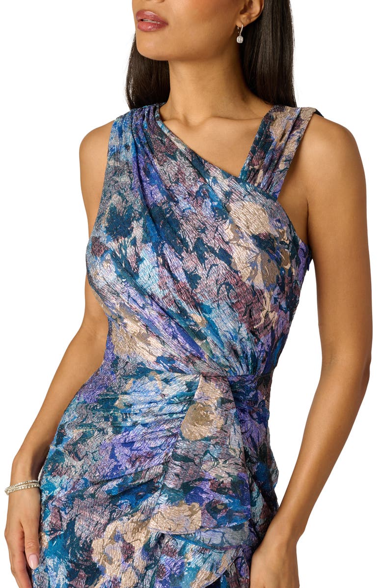 Adrianna Papell Floral Metallic Crinkle Asymmetric Neck Gown, Alternate, color, Blue Multi