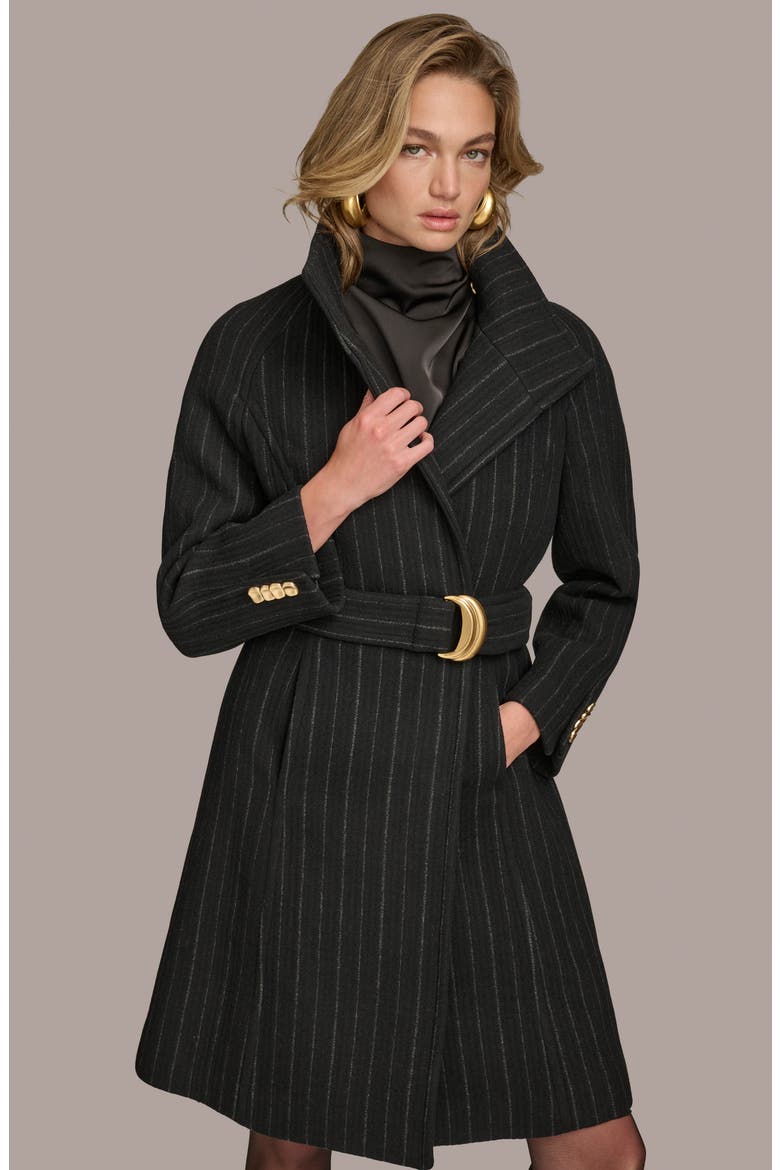Belted Wool Wrap Coat, Alternate, color, BLACK PINSTRIPE