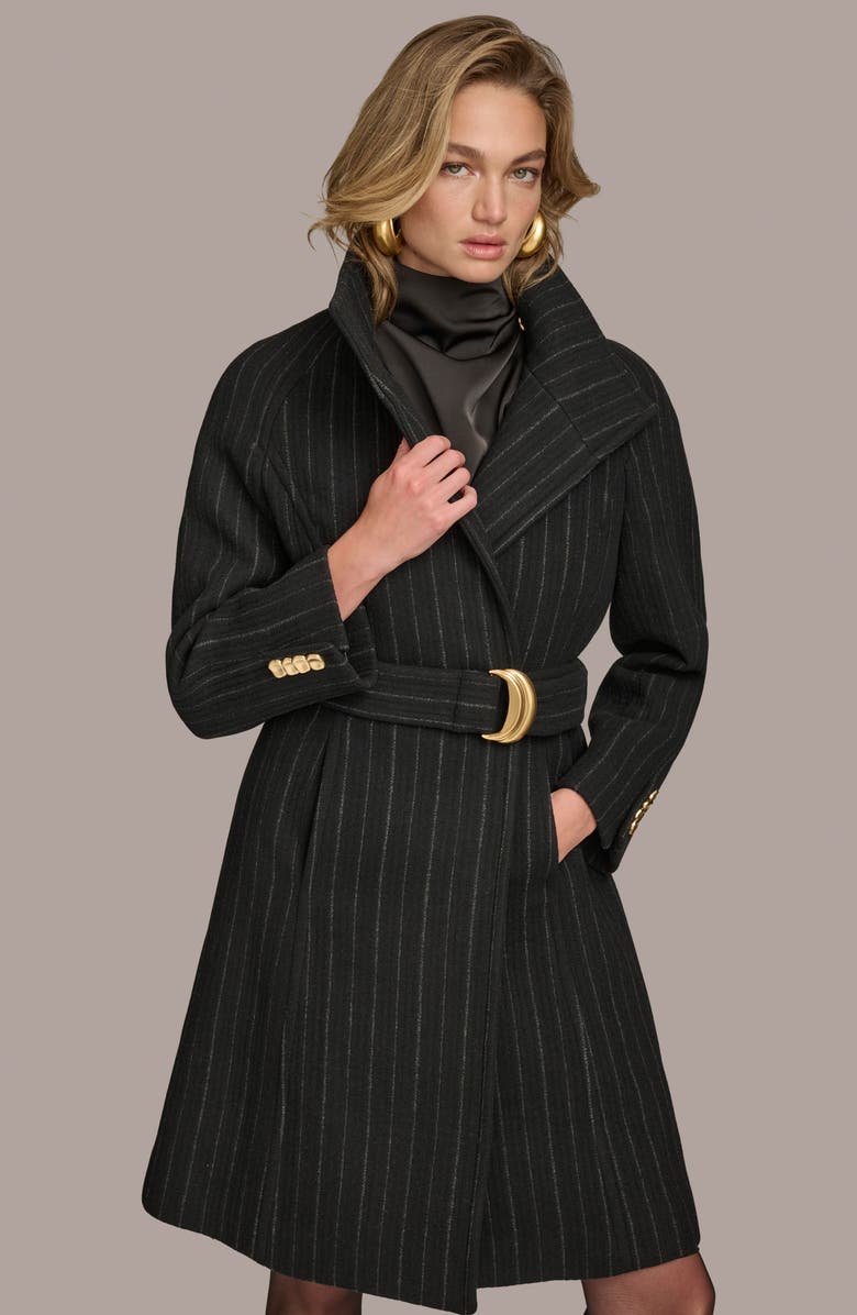 Donna Karan New York Belted Wool Wrap Coat, Alternate, color, Black Pinstripe