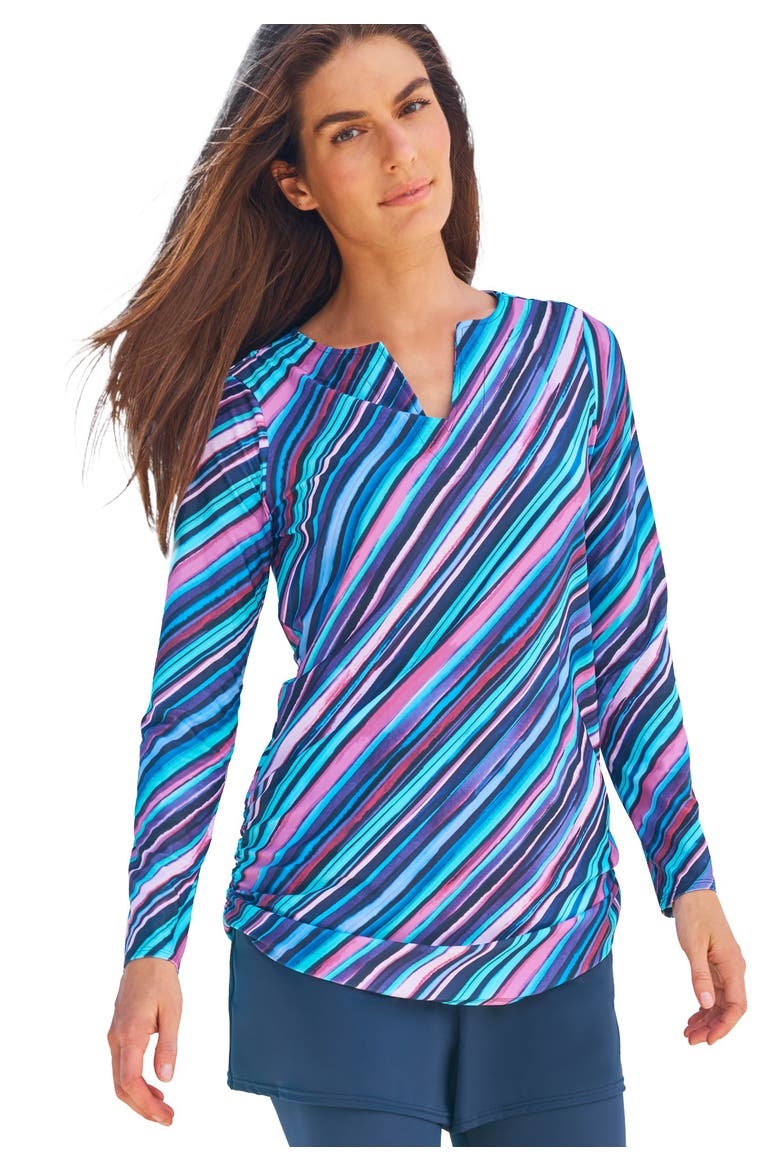 Split Neck Long Sleeve Swim Tee With Built In Bra, Main, color, MULTI WATERCOLOR STRIPE