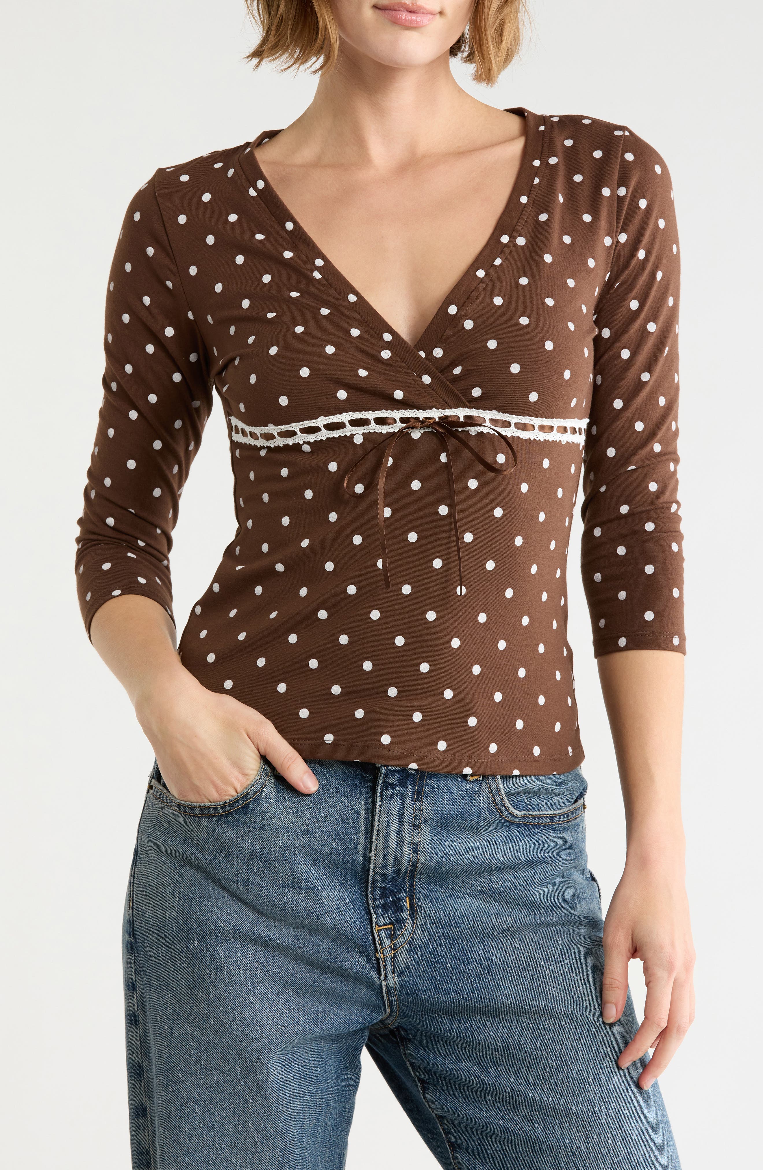 Polka Dot Empire Waist Top with Lace Trim