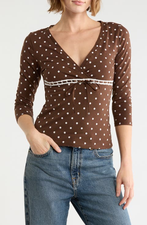 Polka Dot Empire Waist Top with Lace Trim