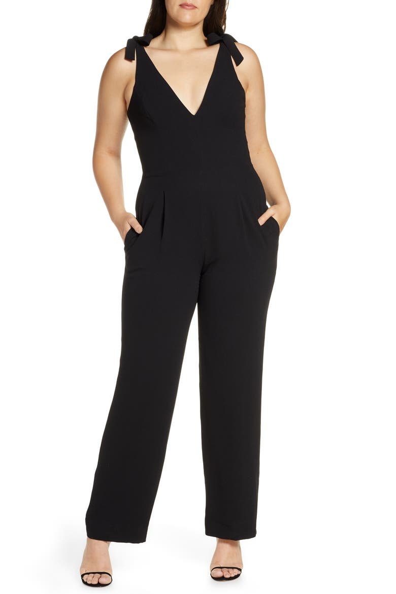 Maira Tie Shoulder Crepe Jumpsuit, Alternate, color, BLACK