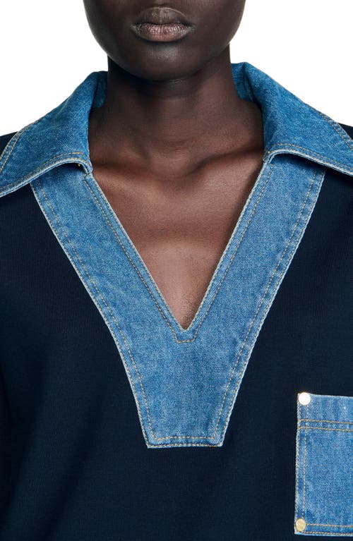 Sandro Womens Navy Blue Denim-detail Relaxed-fit Knitted Jumper In Blue