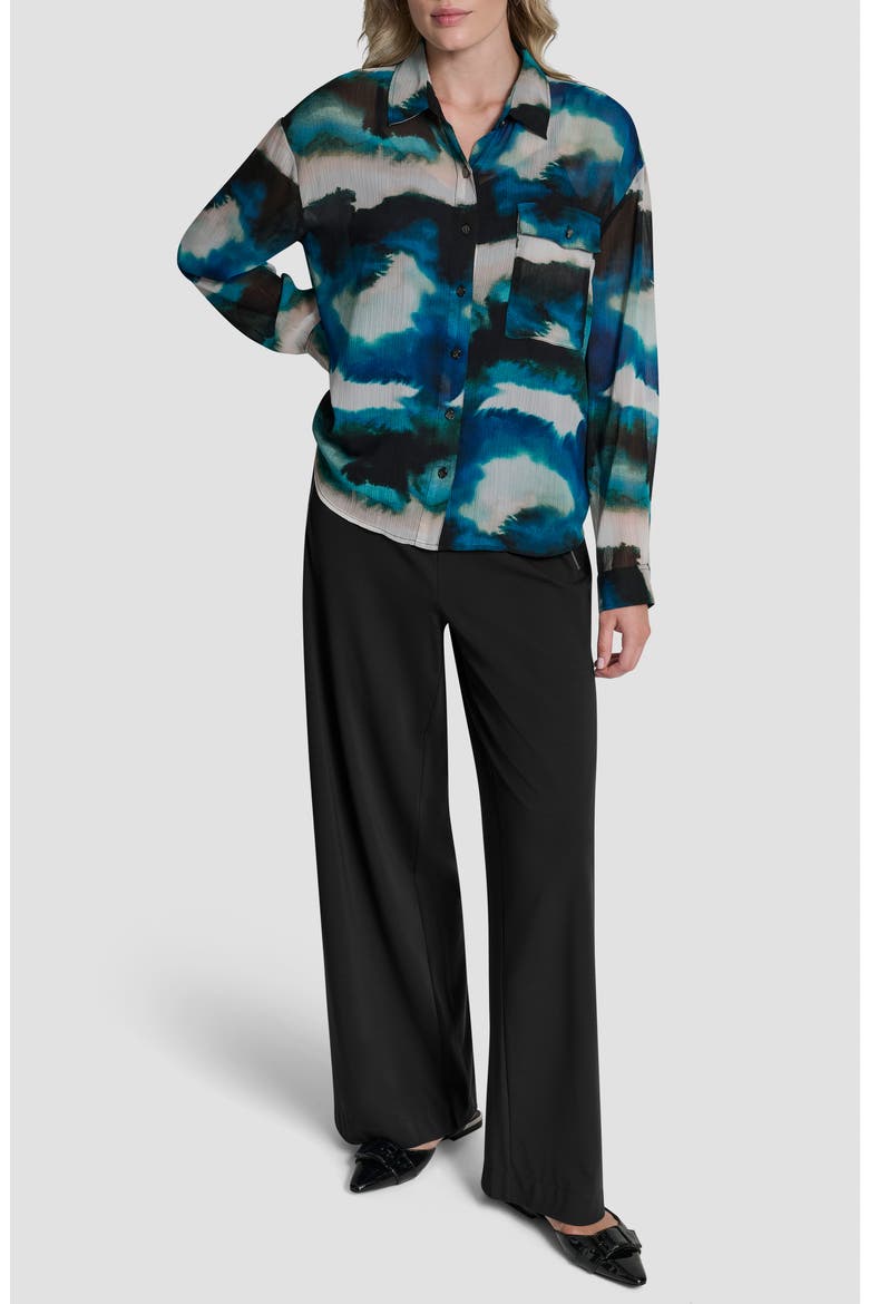 Print Long Sleeve Button-Up Chiffon Shirt, Alternate, color, MARBLED OCEAN