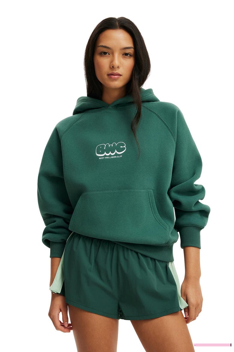 Women's Active Plush Premium Graphic Raglan Hoodie, Main, color, Bistro Green Body Wellness