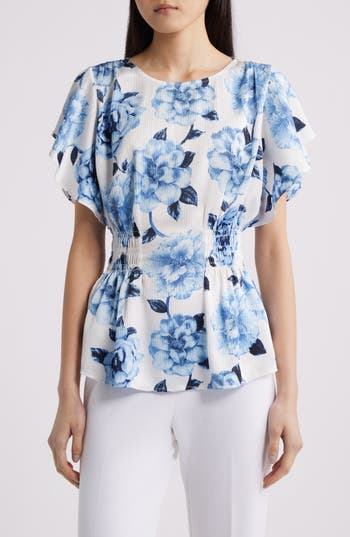 Anne Klein Flutter Sleeve Smock Waist Top in Crisp White Multi at Nordstrom Rack, Size X-Small