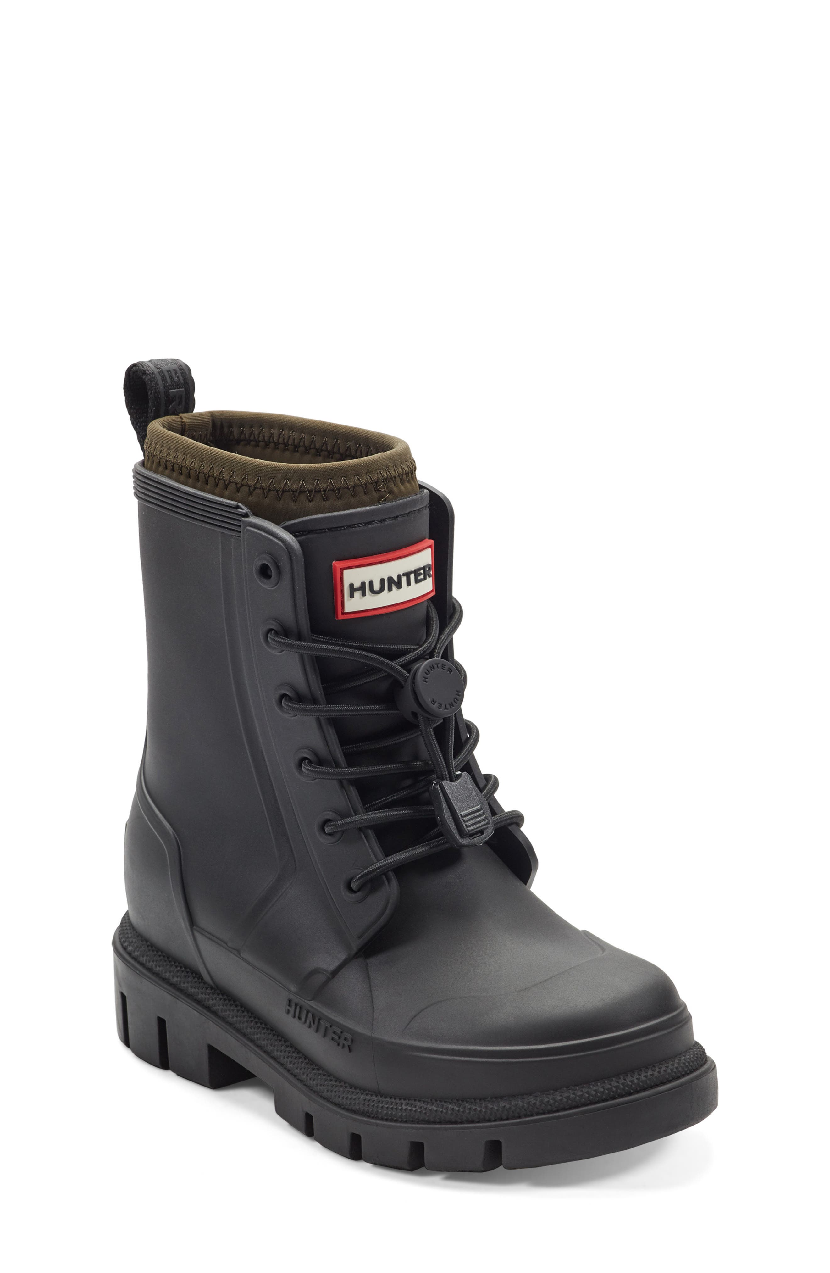 Hunter Kids' Stamp Waterproof Lace-Up Rain Boot, Main, color, Black 003